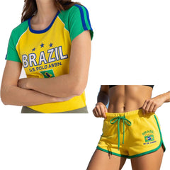 Sommer 2026 Damen Kurzarm-T-Shirt Set, Gelb mit Y2K-Stil Brasilien-Stickerei, WM-Fußballtrikot-Themenkleidung