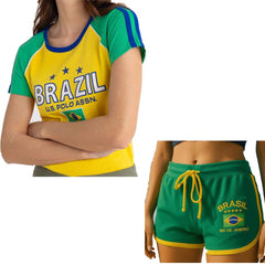 Sommer 2026 Damen Kurzarm-T-Shirt Set, Gelb mit Y2K-Stil Brasilien-Stickerei, WM-Fußballtrikot-Themenkleidung