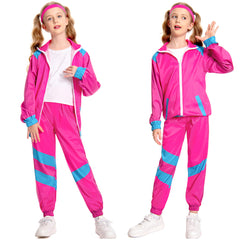 Kinder Bühnenkostüm Rosa Retro Tanzkleidung Sportbekleidung Set Outfits Halloween Karneval Anzug