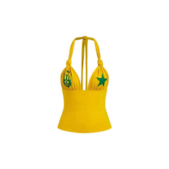 Sommer 2026 Damen Kurzes, ärmelloses Tanktop mit Nackenausschnitt Gelb mit Y2K-Stil Brasilien-Stickerei, WM-Fußballtrikot-Themenkleidung