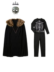 Kinder Halloween-Kostüm Mittelalterlicher Totenkopf-Ritter mit dunklem Umhang, Maske, Schwert und Schild