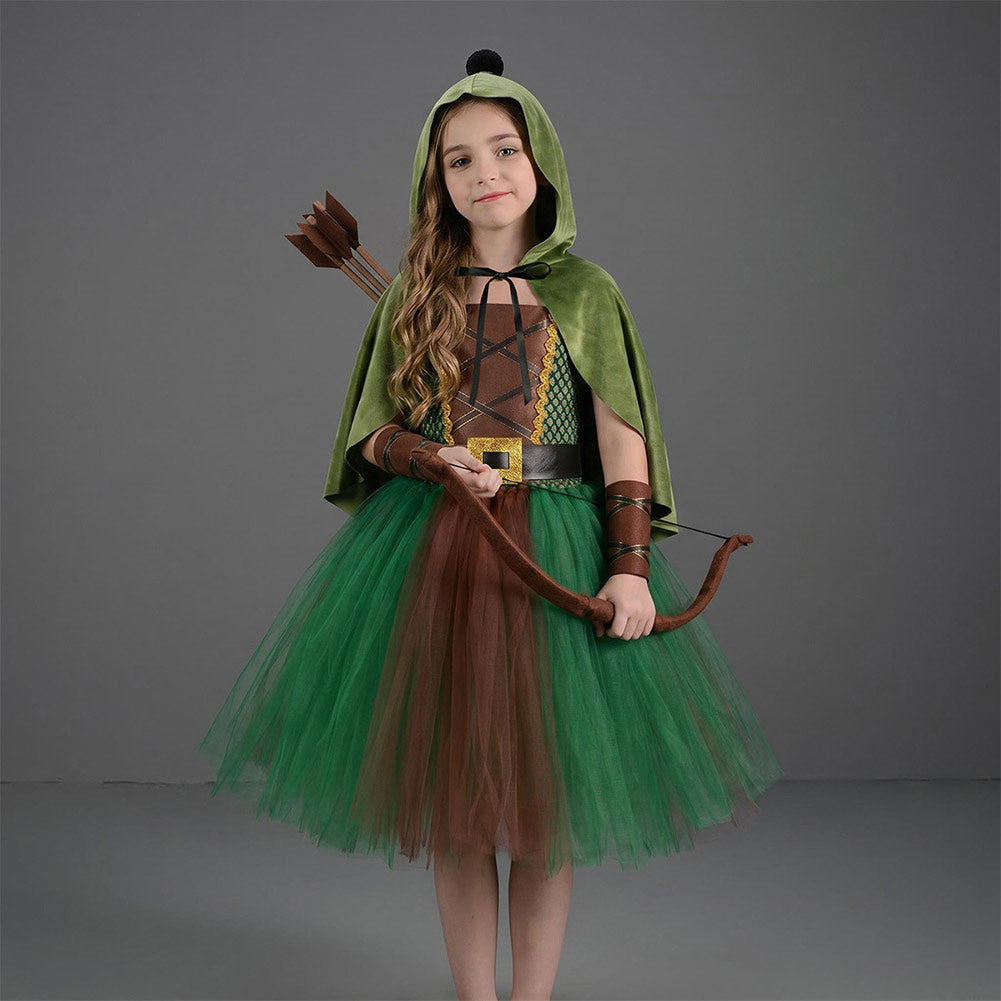 Kinder Mädchen Bogenschützin Kleid Kostüm für Halloween, Karneval oder Party – mittelalterlicher Waldjäger-Cosplay-Anzug