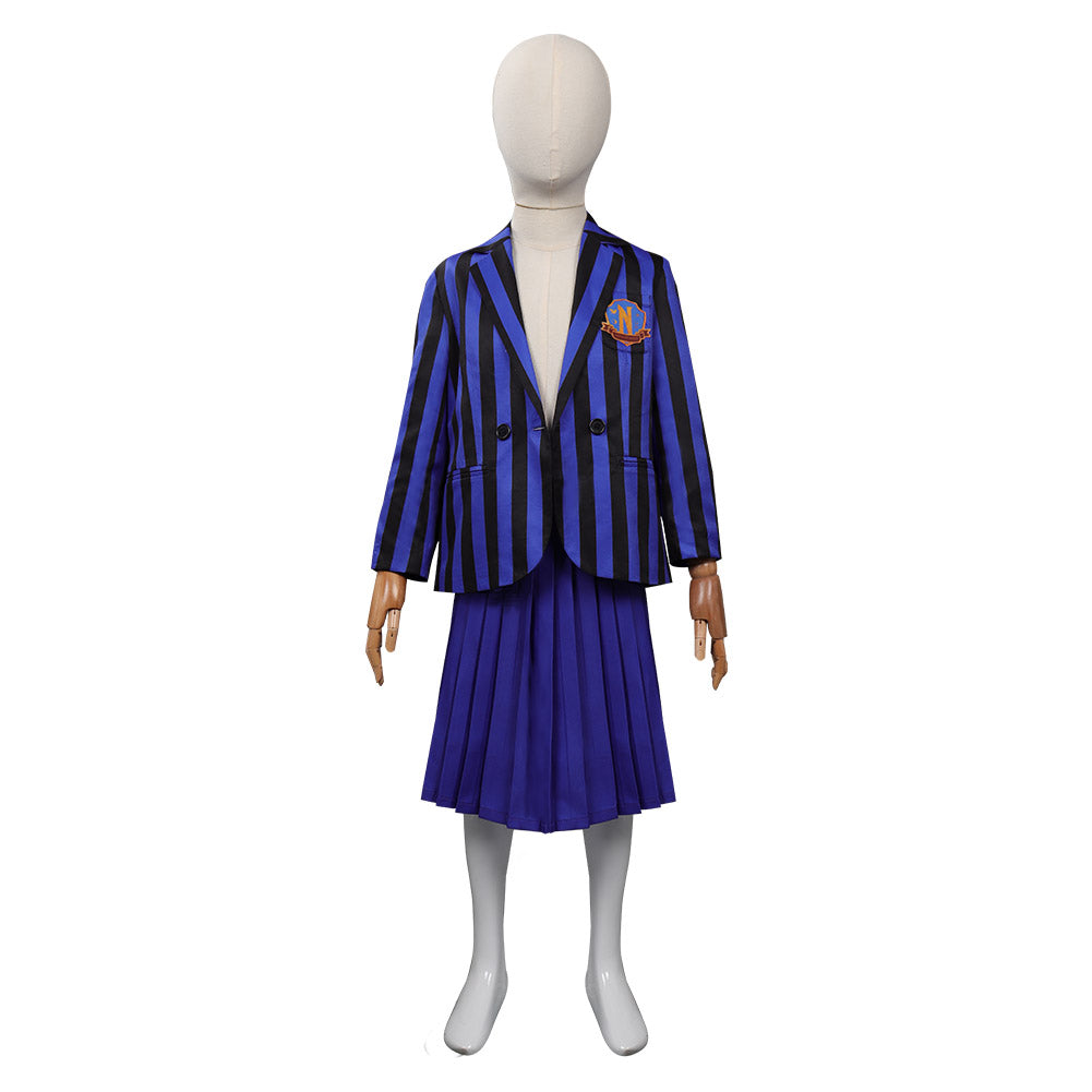 Kinder Mädchen Kostüm Mittwoch Addams in blauer Schuluniform Halloween Cosplay Outfit mit Rock