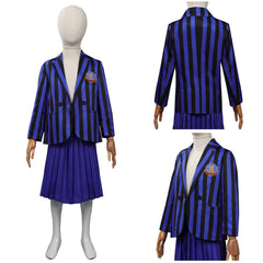 Kinder Mädchen Kostüm Mittwoch Addams in blauer Schuluniform Halloween Cosplay Outfit mit Rock