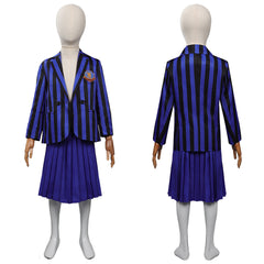 Kinder Mädchen Kostüm Mittwoch Addams in blauer Schuluniform Halloween Cosplay Outfit mit Rock