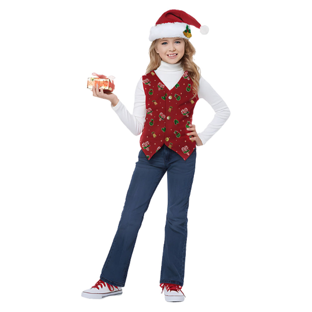 Kinder Mädchen Weihnachtskostüm mit roter Weste Rock und Ohren Cosplay Kostüm Party