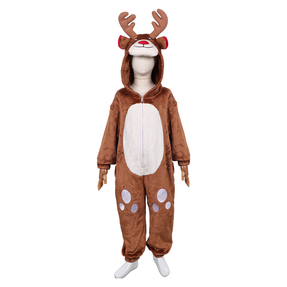 Kinder Tier Einteiliger Renntier Anzug Hirsch Weihnachten Halloween Kostüm Karnevalskostüm Braunes Hirschkostüm