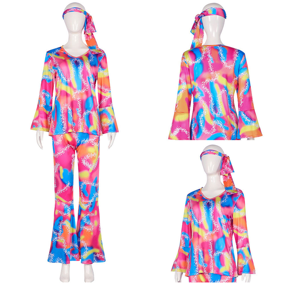 Damen Hippie Disco Cosplay Kostüm Oberteil Hose Stirnband Outfits Halloween Karneval Verkleidung Party
