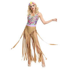 Damen 70S Mittelalter Hippie Spaghetti Straps Quasten Pailletten Fransen Flapper Kleid Tanzkleidung