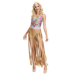 Damen 70S Mittelalter Hippie Spaghetti Straps Quasten Pailletten Fransen Flapper Kleid Tanzkleidung