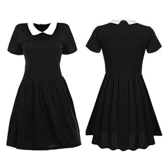 The Addams Family Mittwoch Damen Kleid Cosplay Kostüm Schwarz Halloween Karneval Kurzarm Kleid
