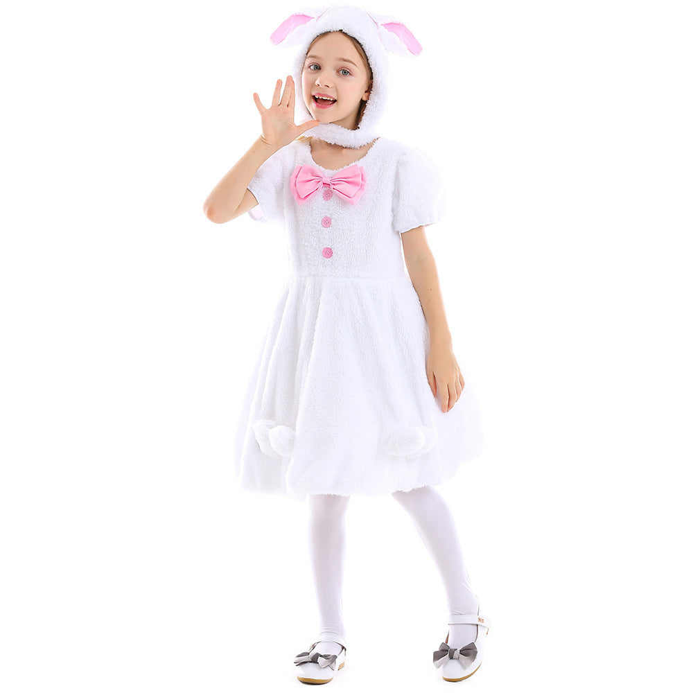 Kinder Mädchen Osterhasenkostüm Weiß, rot und schwarz dreifarbiges Hängeohr-Kaninchen-Kostüm