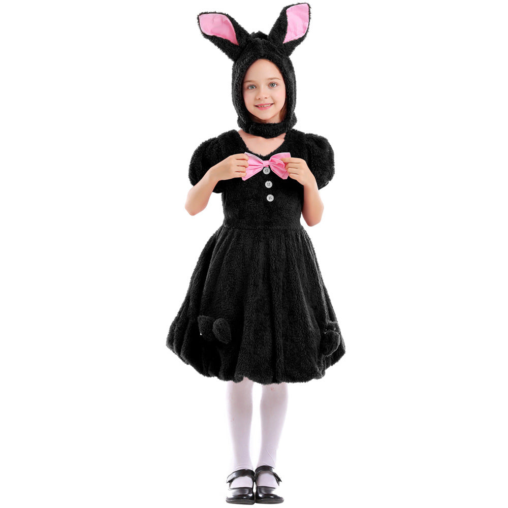 Kinder Mädchen Osterhasenkostüm Weiß, rot und schwarz dreifarbiges Hängeohr-Kaninchen-Kostüm