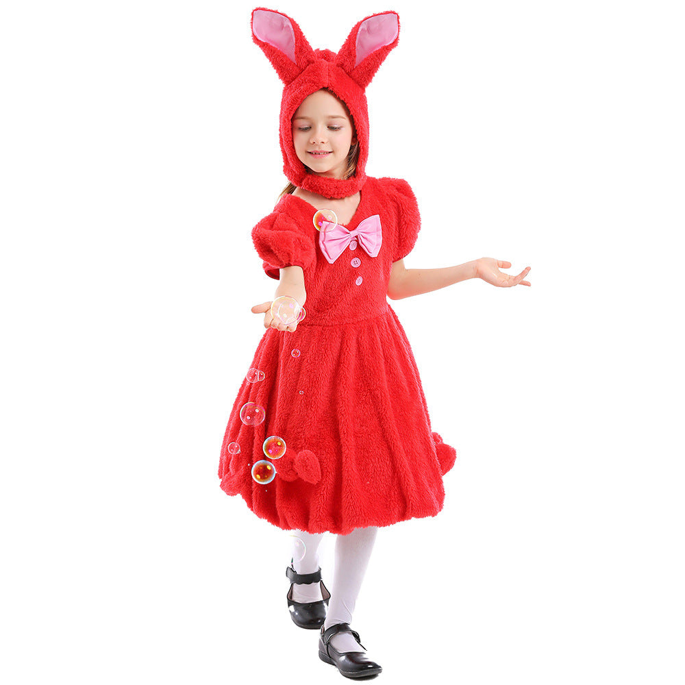 Kinder Mädchen Osterhasenkostüm Weiß, rot und schwarz dreifarbiges Hängeohr-Kaninchen-Kostüm