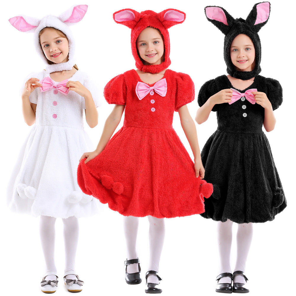 Kinder Mädchen Osterhasenkostüm Weiß, rot und schwarz dreifarbiges Hängeohr-Kaninchen-Kostüm
