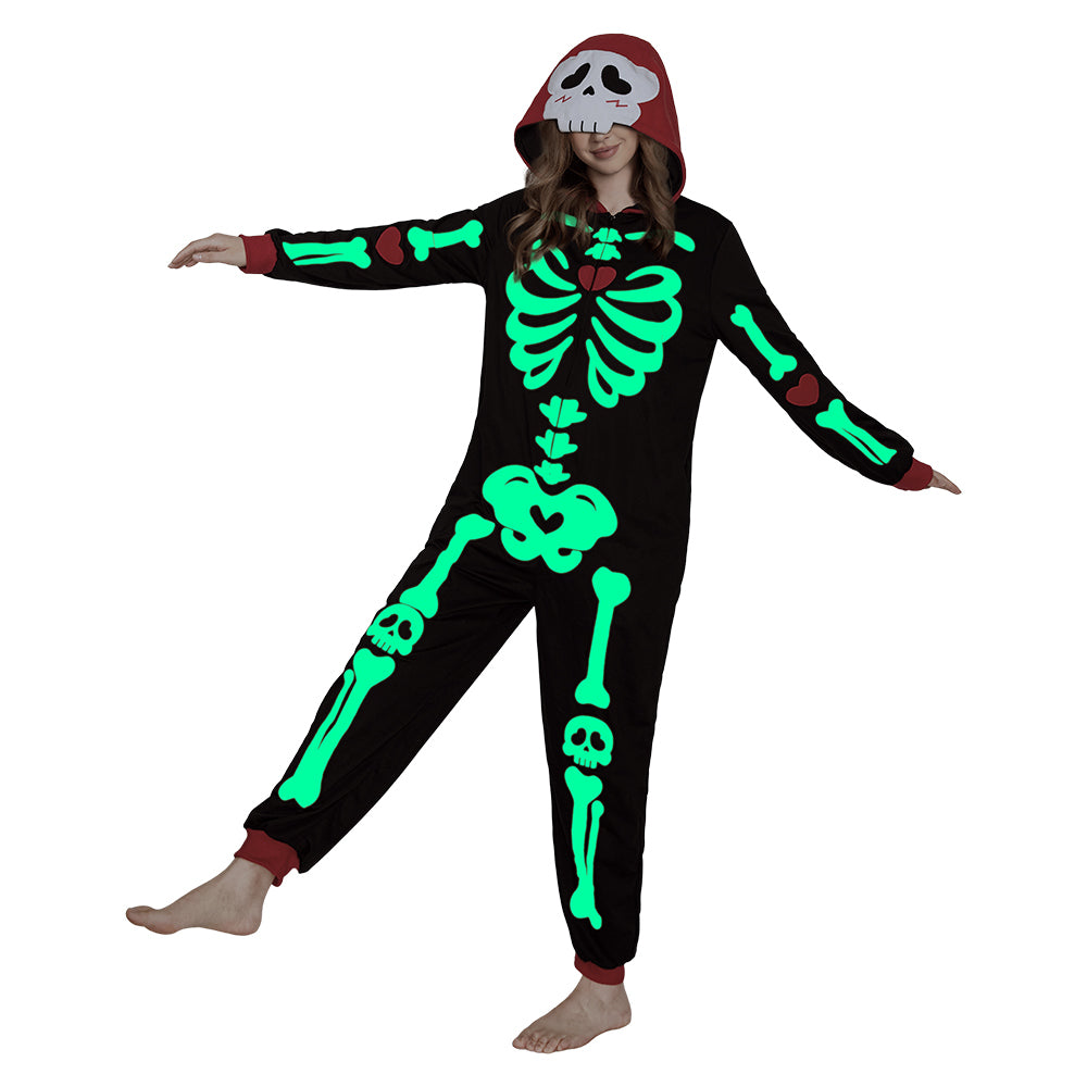 Erwachsene Unisex Schlafanzug Leuchtender Totenkopf einteiliger Pyjama