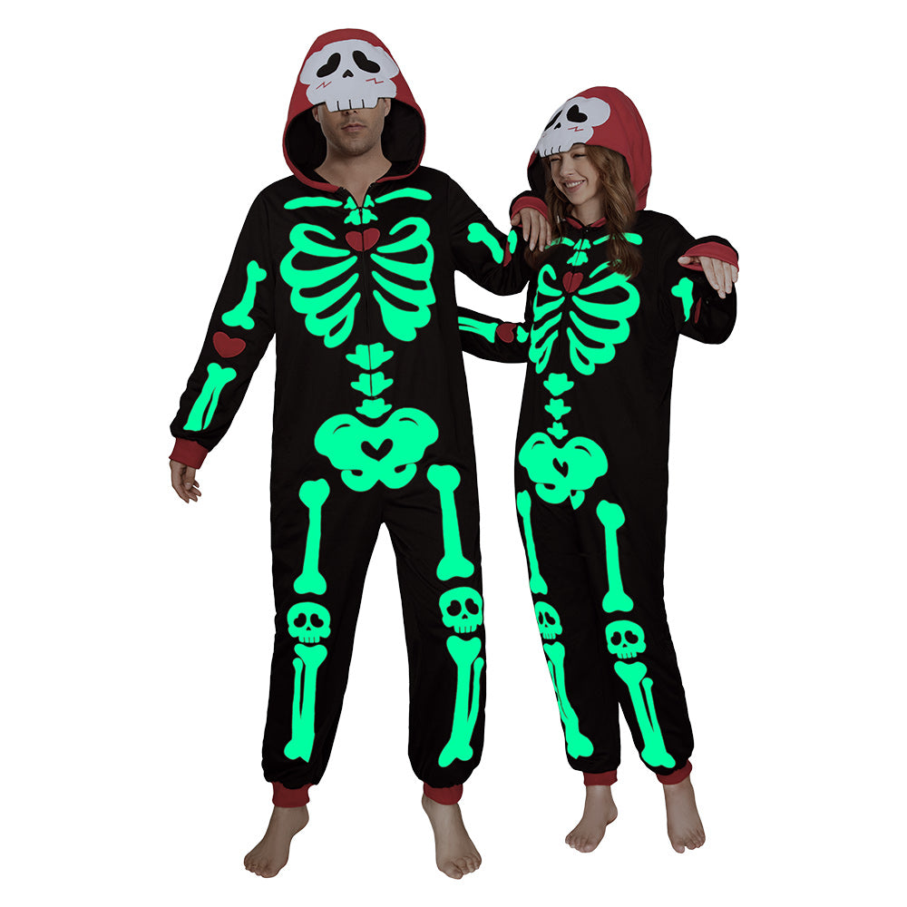 Erwachsene Unisex Schlafanzug Leuchtender Totenkopf einteiliger Pyjama