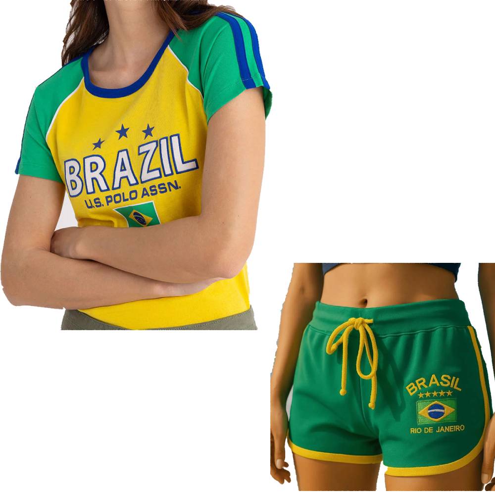 Sommer 2026 Damen Kurzarm-T-Shirt Set, Gelb mit Y2K-Stil Brasilien-Stickerei, WM-Fußballtrikot-Themenkleidung