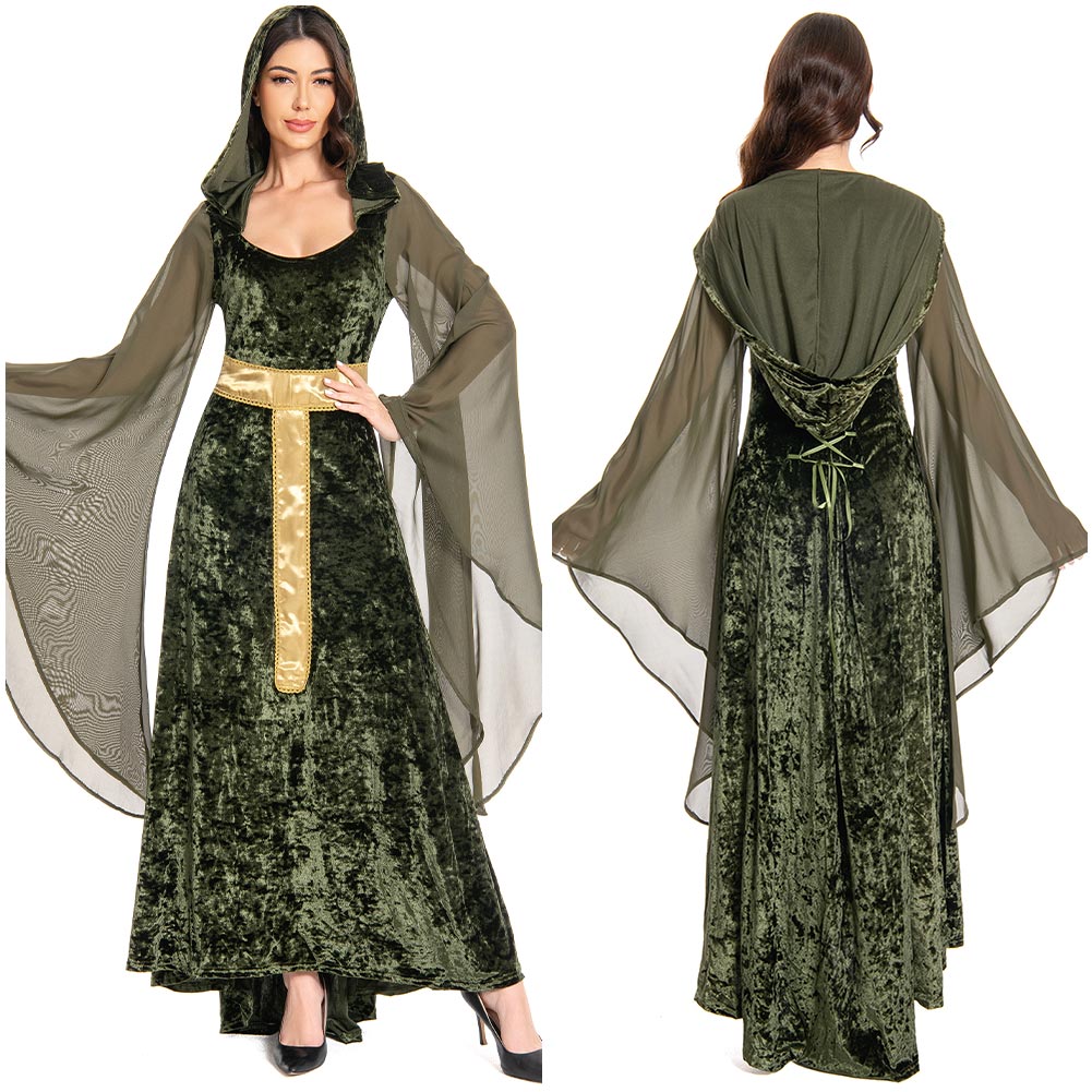 Damen Mittelalter Kleid mit Kapuze Halloween Karneval Cosplay Kleid