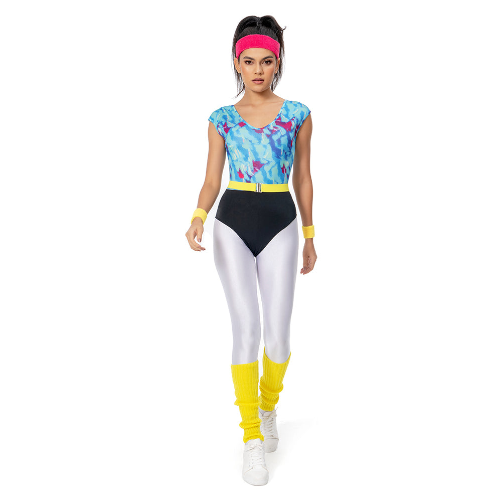 80er Jahre Erwachsene Damen gedruckte Jumpsuit Jogginganzug Kostüm 6.tlg rosa