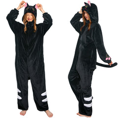 Erwachsene Damen schwarze katze Tierkostüm Schlafanzug einteiliger Pyjama