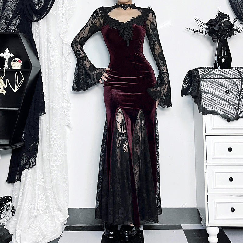 Damen Gothic Kleid Sexy Schlank Halloween Tief Spitze Fischschwanz Langarmkleider