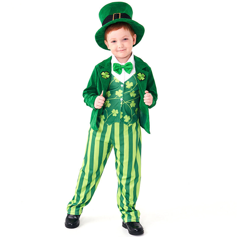 Kinder St. Patrick Cosplay Kostüm Kleideranzug mit Kleeblattmuster Party Halloween Karneval Anzug
