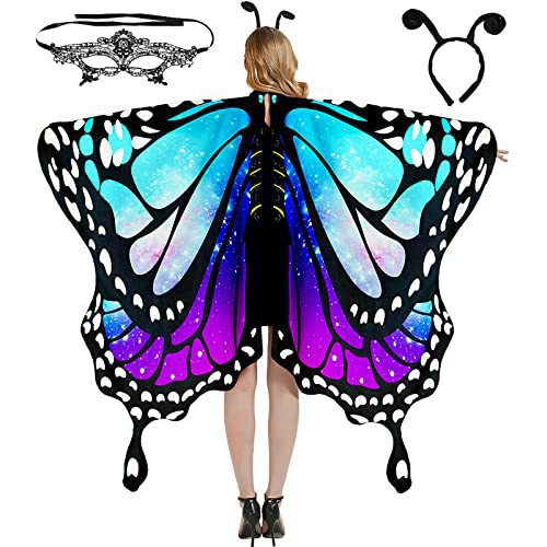 Schmetterling Kostüm Damen Schmetterlingsflügel Erwachsene Zweistufiges Karneval kostüm damen schmetterling Umhang Verkleidung Schmetterlings Kostüm Zubehör 3Set Schmetterling Haarreif Gesichtsmaske
