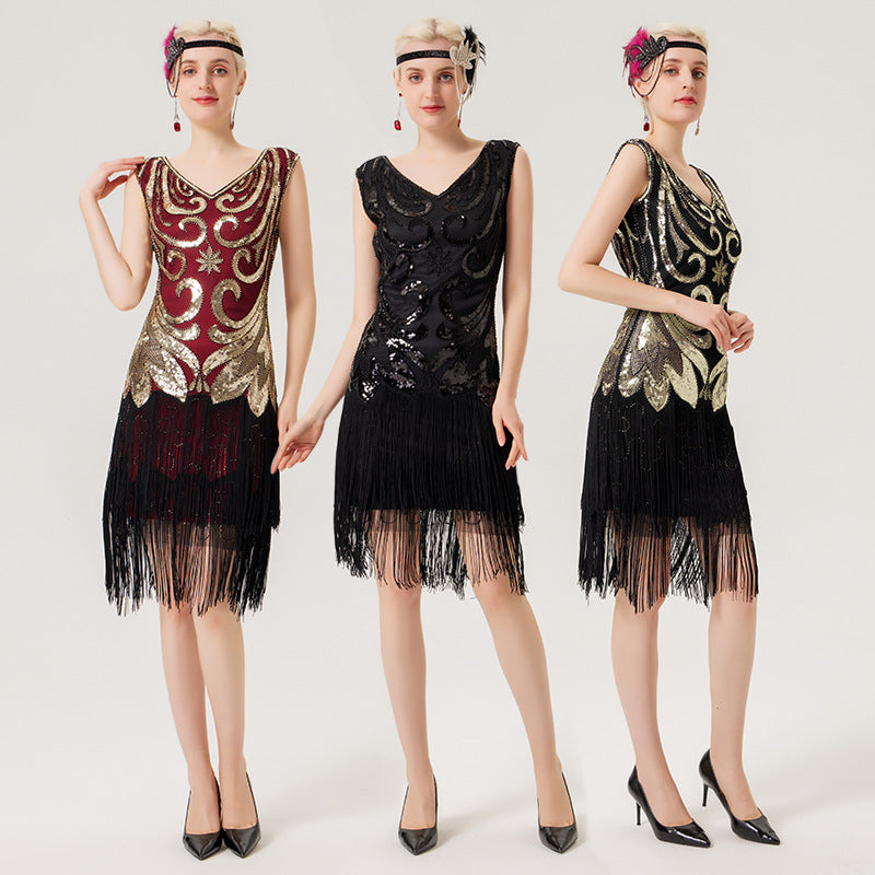 1920er Pailletten-Perlen-Fransenkleid Retro 1920er Jahre Stil Charleston Kleid klassische Motto Party Damen Kostüm Kleid