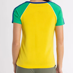Sommer 2026 Damen Kurzarm-T-Shirt Set, Gelb mit Y2K-Stil Brasilien-Stickerei, WM-Fußballtrikot-Themenkleidung