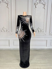 Damen Schwarze Samt-Langkleid mit Spinnweben-Muster, Strass-Besatz und Cut-Outs, Elegantes Party-Kleid für Fest Abendveranstaltung