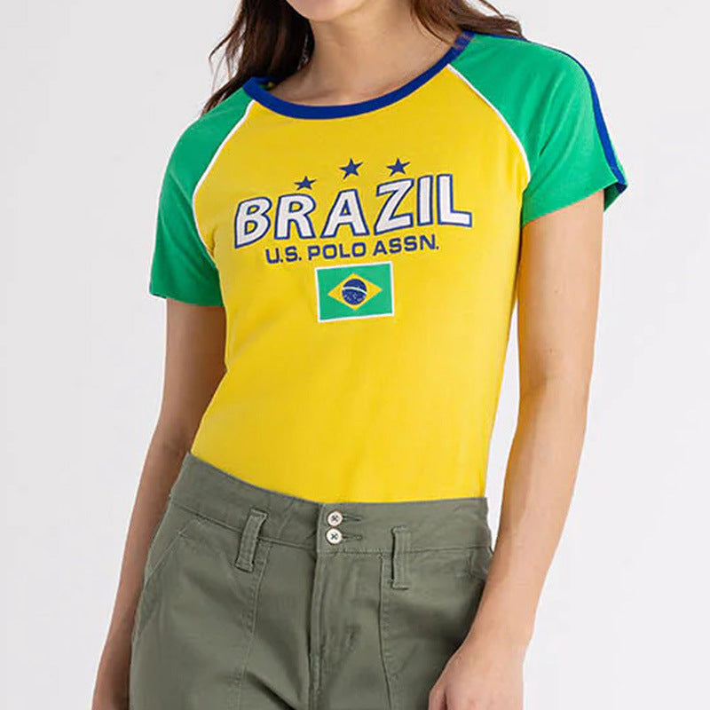 Sommer 2026 Damen Kurzarm-T-Shirt Set, Gelb mit Y2K-Stil Brasilien-Stickerei, WM-Fußballtrikot-Themenkleidung
