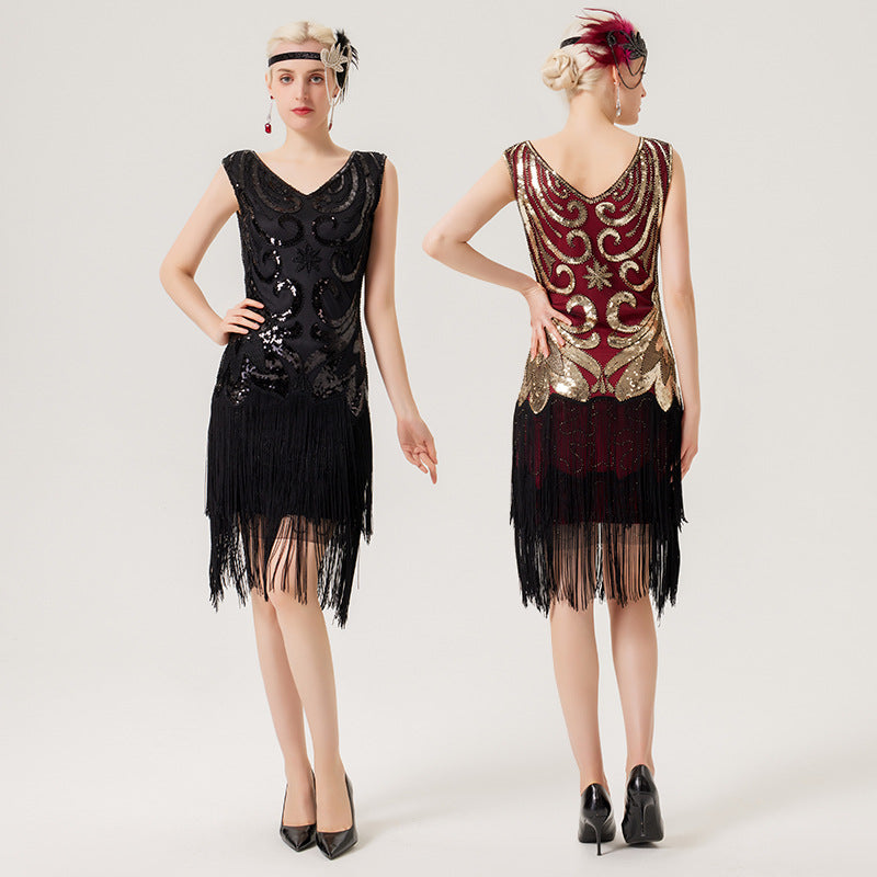1920er Pailletten-Perlen-Fransenkleid Retro 1920er Jahre Stil Charleston Kleid klassische Motto Party Damen Kostüm Kleid
