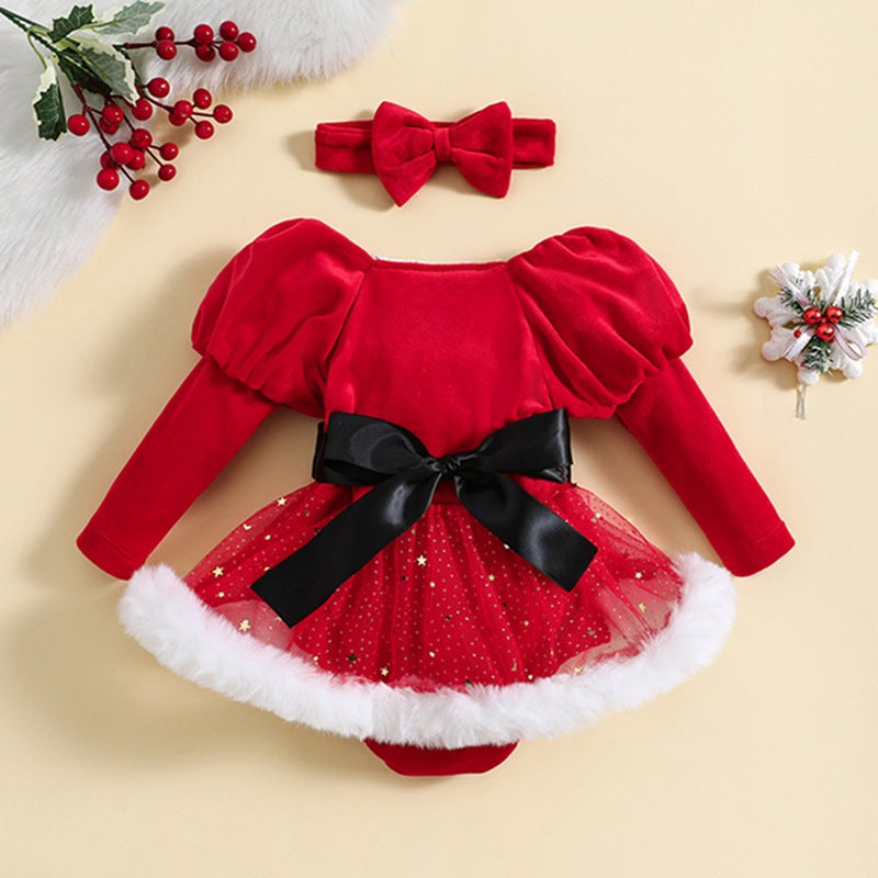 2024 Weihnachten Baby Blase Ärmel rohen Rand Mesh Hula Rock Bodysuit Stoßstange