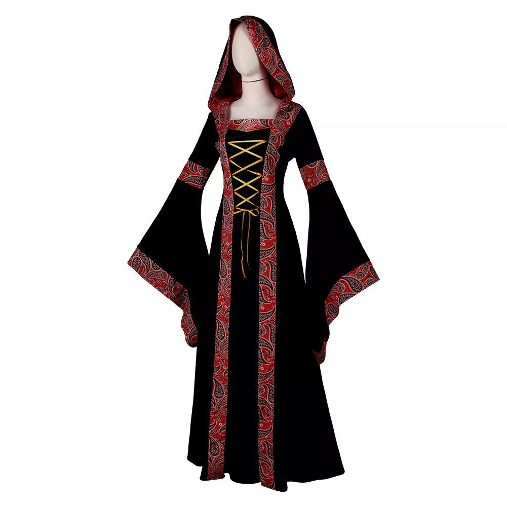 Damen Mittelalterliches langes Kleid Cosplay Viktorianisch Vintage Kapuzenkleider