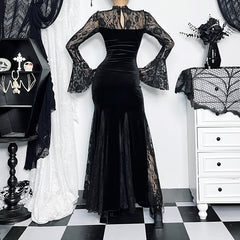 Damen Gothic Kleid Sexy Schlank Halloween Tief Spitze Fischschwanz Langarmkleider