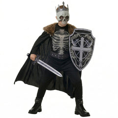 Kinder Halloween-Kostüm Mittelalterlicher Totenkopf-Ritter mit dunklem Umhang, Maske, Schwert und Schild