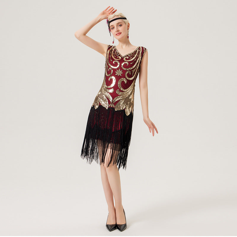 1920er Pailletten-Perlen-Fransenkleid Retro 1920er Jahre Stil Charleston Kleid klassische Motto Party Damen Kostüm Kleid
