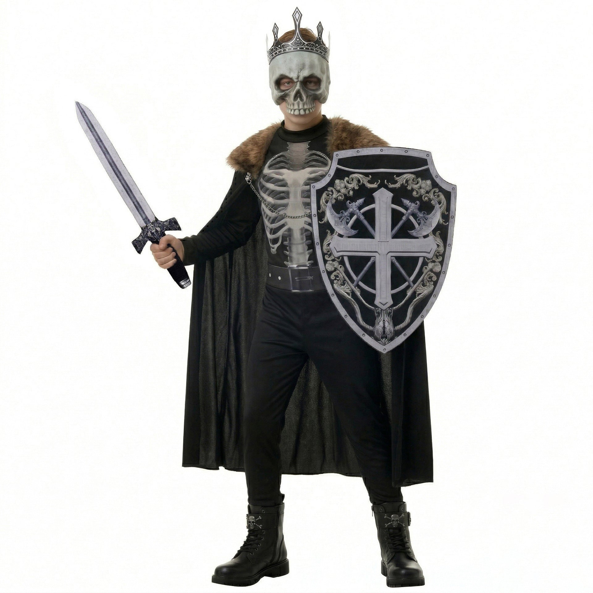 Kinder Halloween-Kostüm Mittelalterlicher Totenkopf-Ritter mit dunklem Umhang, Maske, Schwert und Schild