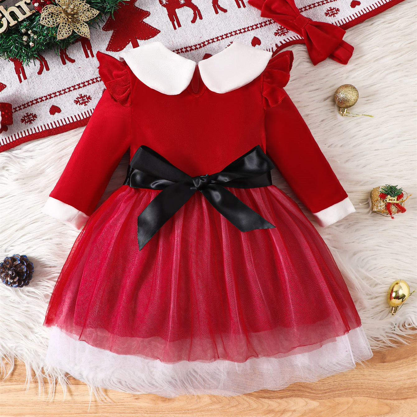 2024 Kinder Mädchen Weihnachten Kleid Puppe Kragen langärmelige Kinder Mesh Prinzessin Rock