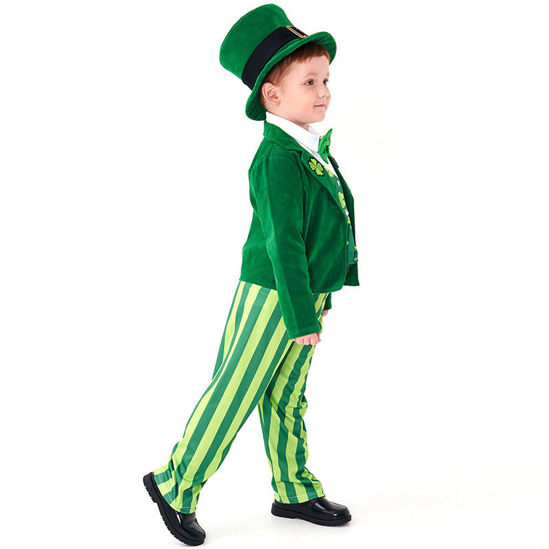 Kinder St. Patrick Cosplay Kostüm Kleideranzug mit Kleeblattmuster Party Halloween Karneval Anzug