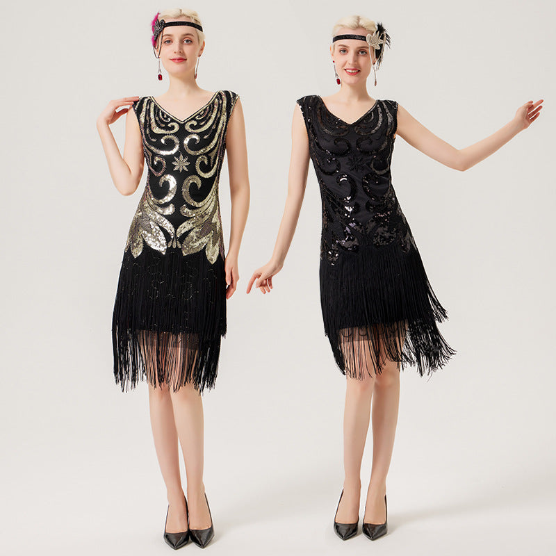 1920er Pailletten-Perlen-Fransenkleid Retro 1920er Jahre Stil Charleston Kleid klassische Motto Party Damen Kostüm Kleid