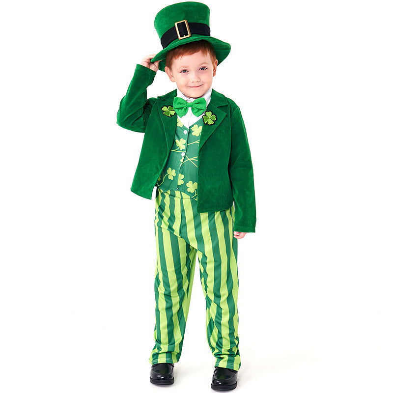Kinder St. Patrick Cosplay Kostüm Kleideranzug mit Kleeblattmuster Party Halloween Karneval Anzug