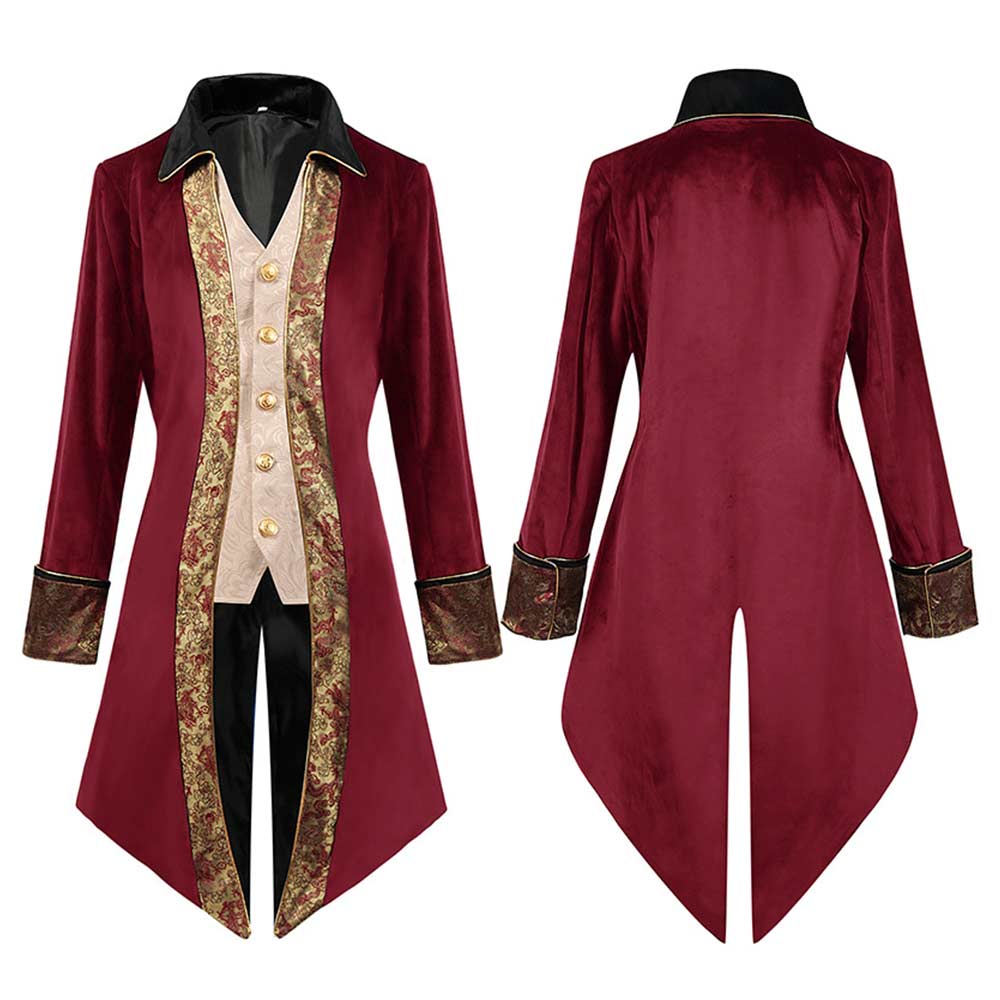Herren Cosplay Kostüm Halloween Karneval Party Anzug Weinrot Steampunk Mittelalterliche Jacke Gothic Viktorianischer Mantel