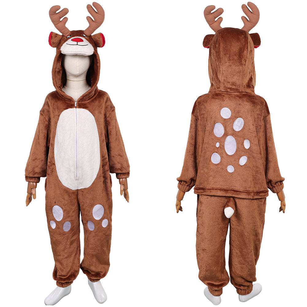 Kinder Tier Einteiliger Renntier Anzug Hirsch Weihnachten Halloween Kostüm Karnevalskostüm Braunes Hirschkostüm