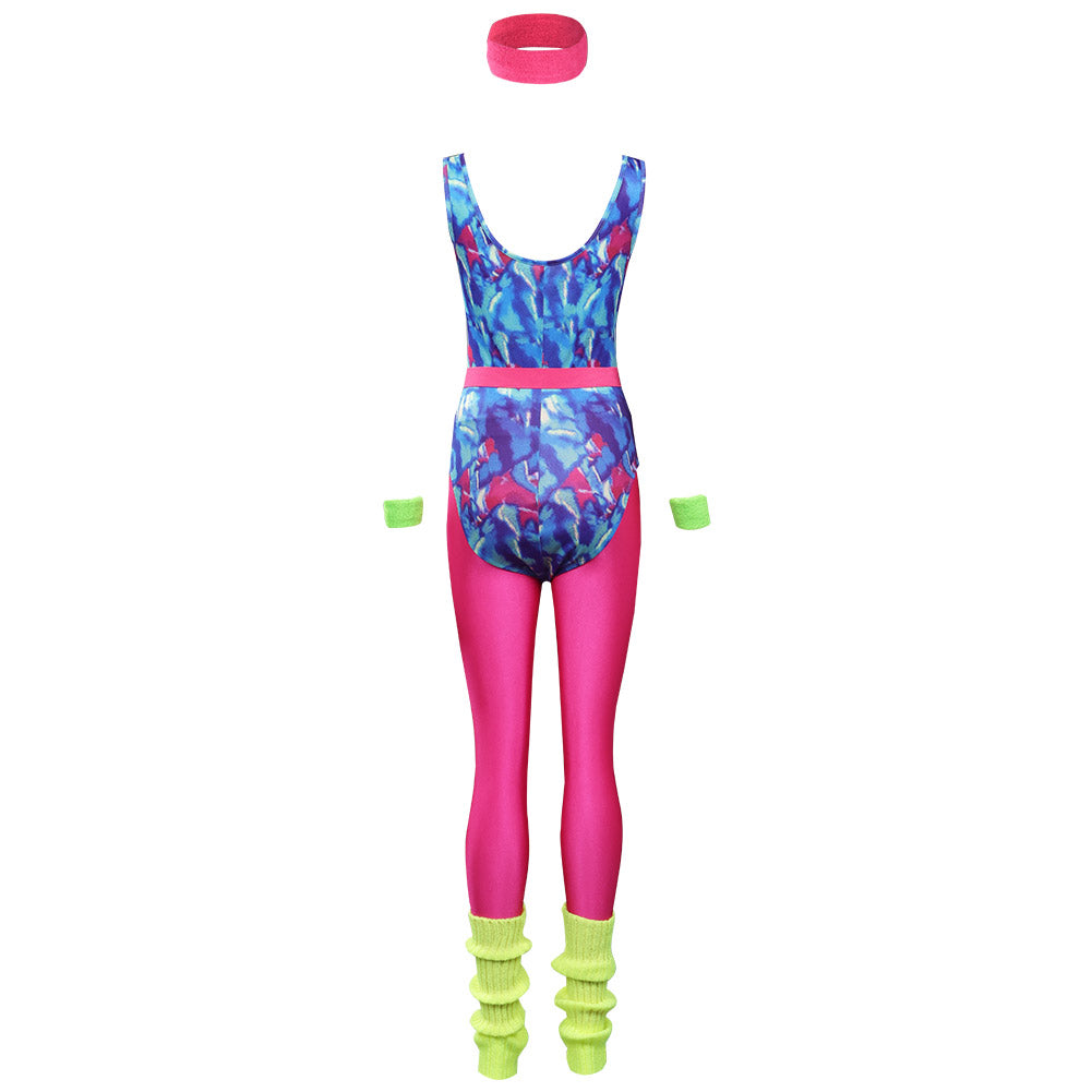 80er Jahre Erwachsene Damen gedruckte Jumpsuit Jogginganzug Kostüm 6.tlg rosa
