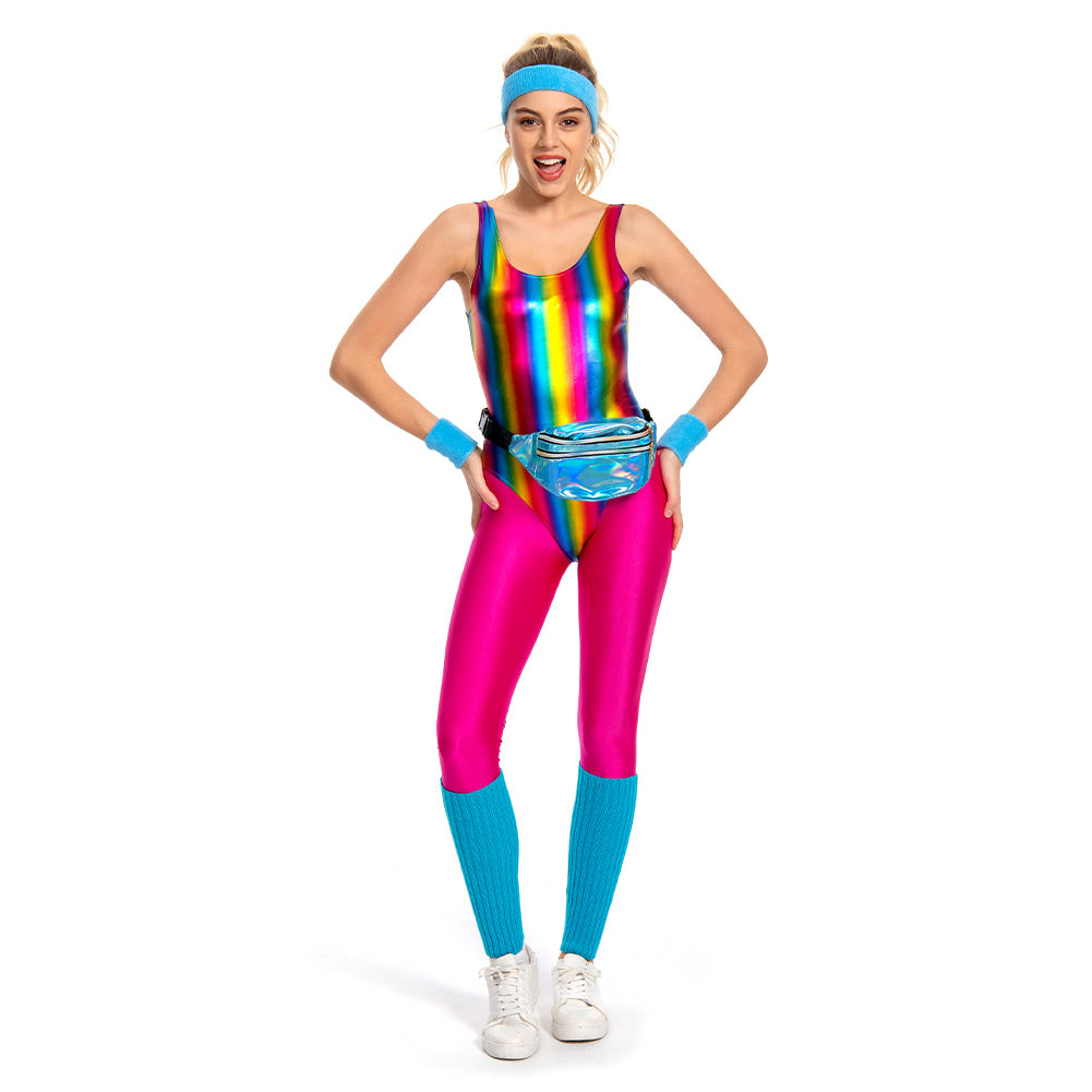 6Stück/Set 80er 90er Jahre Legging Cosplay Kostüm Damen Sportbekleidung Stirnband Outfits Halloween Karneval Anzug