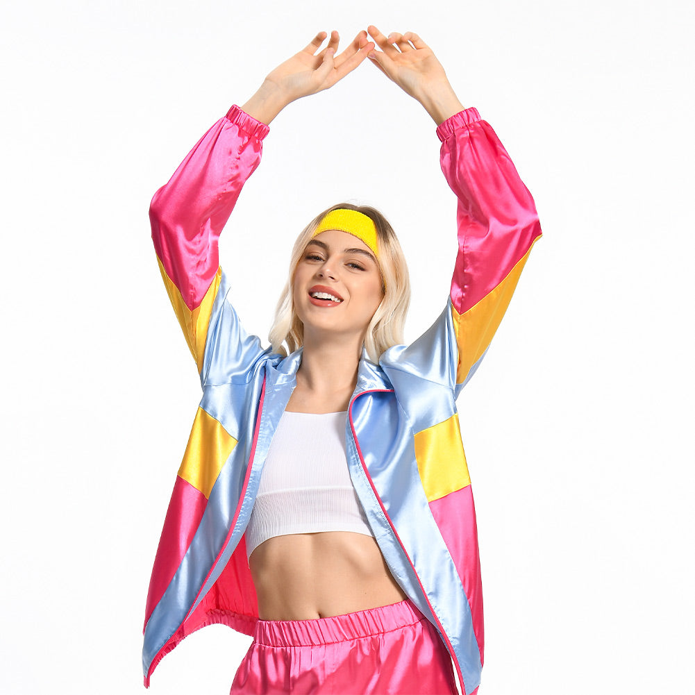 Damen 80s Cosplay Kostüm Sportbekleidung Jacke Hose Stirnband Outfits Halloween Karnevalskostüm Outfits 80er Jahre Kostüm