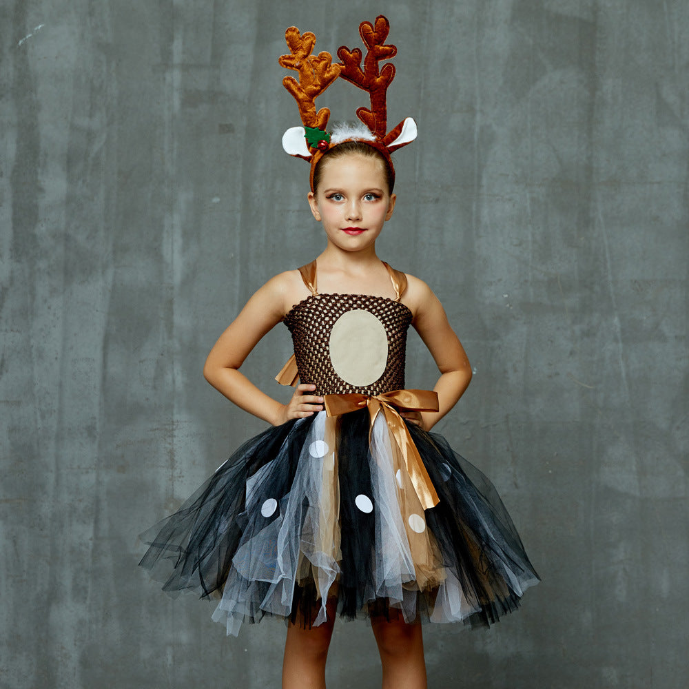 Reh Bambi Rentier Mädchen Tutu Kleid mit Haarreif Kinder Kleid Tülle Kleid