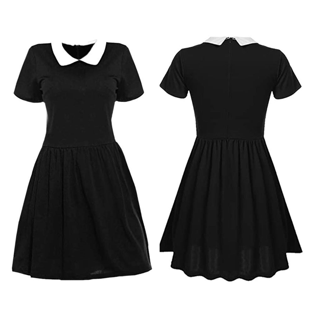 The Addams Family Mittwoch Damen Kleid Cosplay Kostüm Schwarz Halloween Karneval Kurzarm Kleid